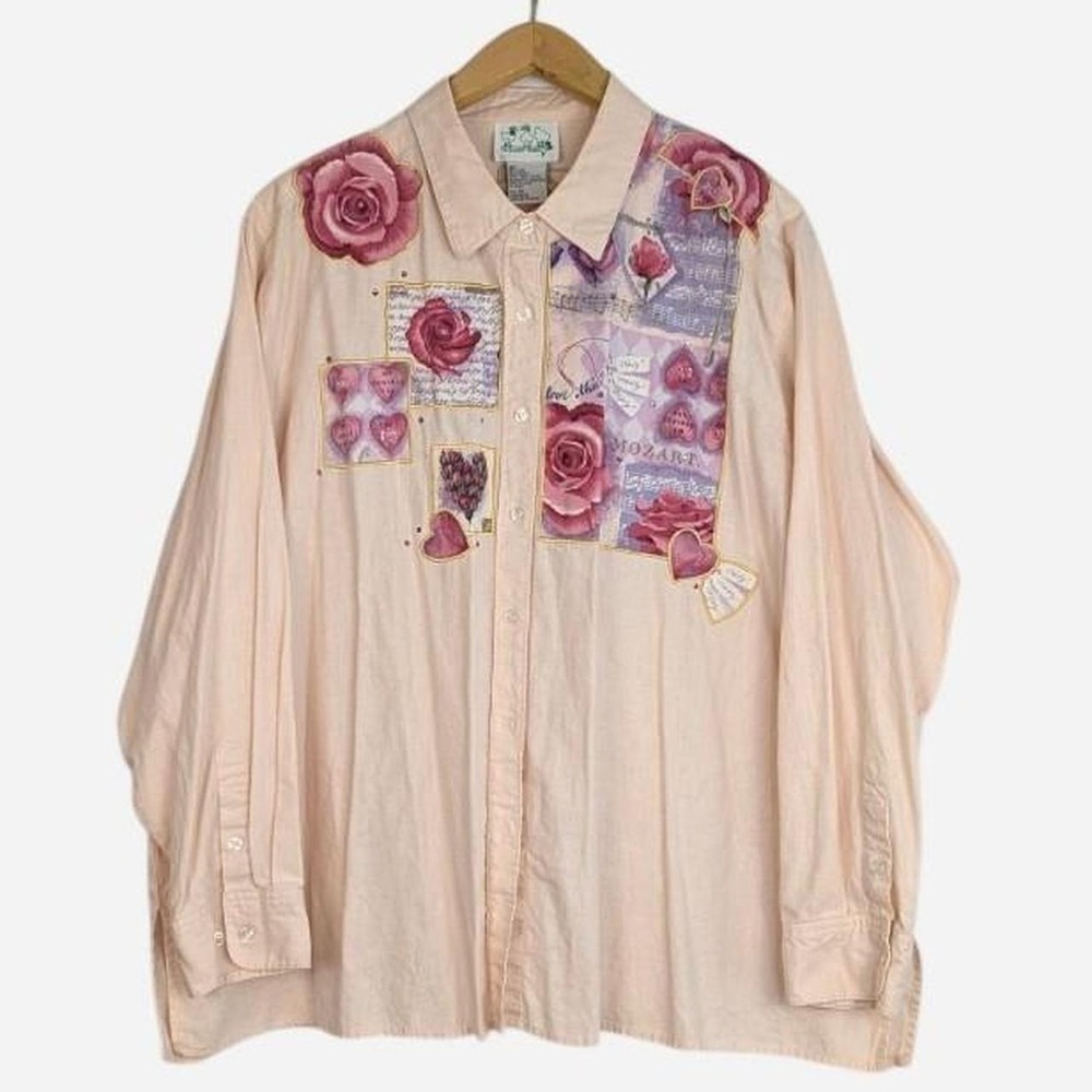 Quacker Factory Rose Applique Mixed Media Linen Shirt Mozart Print 3X